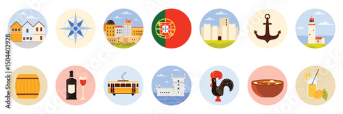 Travel to Portugal set of round stickers with Portuguese culture elements, landmarks and food. Traditional houses in Porto, Pena Palace and lighthouse, Belem Tower cartoon vector illustration