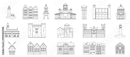 Traditional iconic buildings line set from Scandinavian and Nordic regions, including lighthouses, castles, churches, and wooden houses. Regional architectural identity outline vector illustration.
