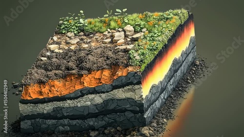 Stylized cross-section of earth with soil layers, vegetation, and rock formations, showing geological strata and earth science concept