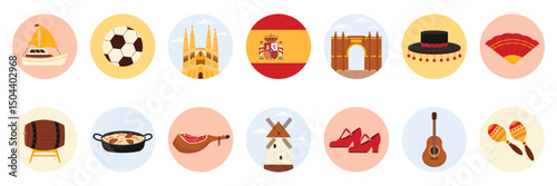 Travel to Spain set of round stickers with Spanish culture elements, landmarks and food. Sagrada Familia and flag, fan and shoes for flamenco, Iberian jamon and wine cartoon vector illustration