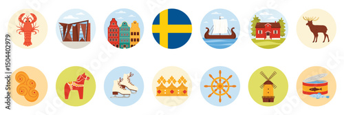 Travel to Sweden set of round stickers with Swedish culture elements, landmark and food. Old and modern buildings of Stockholm and crown, canned fish and viking boat, moose cartoon vector illustration