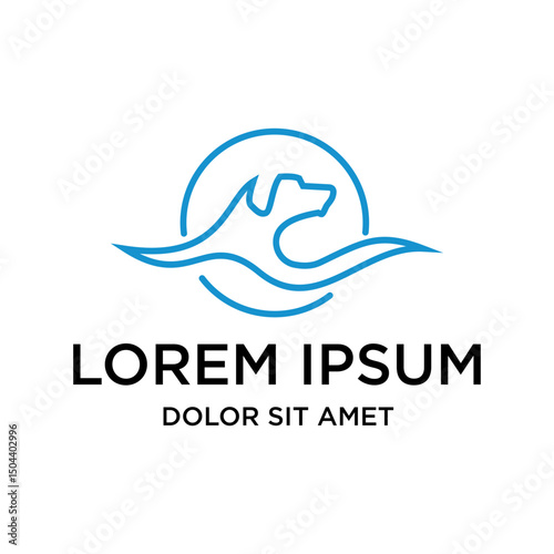Elegant Outline Dog Head in Circle Shape on Water Logo Graphic