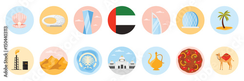 Travel to United Arab Emirates set of round stickers with UAE culture elements, landmarks and food. Modern and old buildings, mosque of Dubai, oil and desert camel cartoon vector illustration