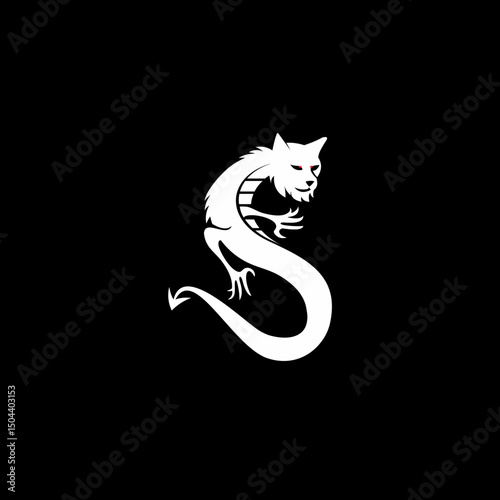 Silhouette Mysterious Serpent Creature with Feline Head and Twisted Body Illustration
