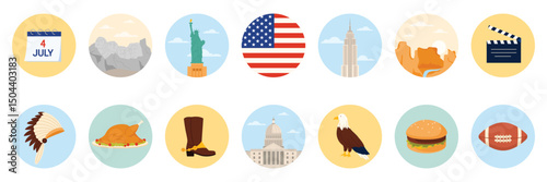Travel to United States of America set of round stickers with American culture elements, landmarks and food. Mount Rushmore and Statue of Liberty, burger and cowboy boot cartoon vector illustration