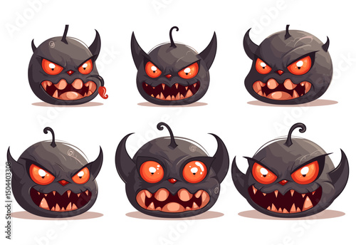 Collection of Animated Cartoonish Dark Gray Monsters with Orange Eyes and Horns