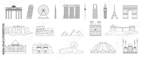 A global line set of world famous landmarks including historical monuments, religious sites, modern towers, ancient wonders. Captures iconic architecture across continents outline vector illustration.