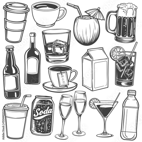 Drinks and beverages illustration icon set drawing.