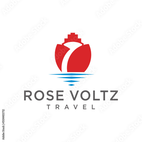 Elegant Flat Red Rose Flower with Water Travel Logo Design