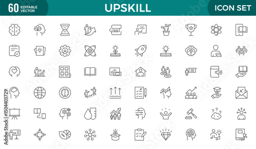 Set of Outline icons related to upskill, upskilling, personal growth, development, education, career. Outline icon collection.