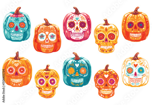 Vibrant sugar skull pumpkins, a festive collection for Day of the Dead celebration