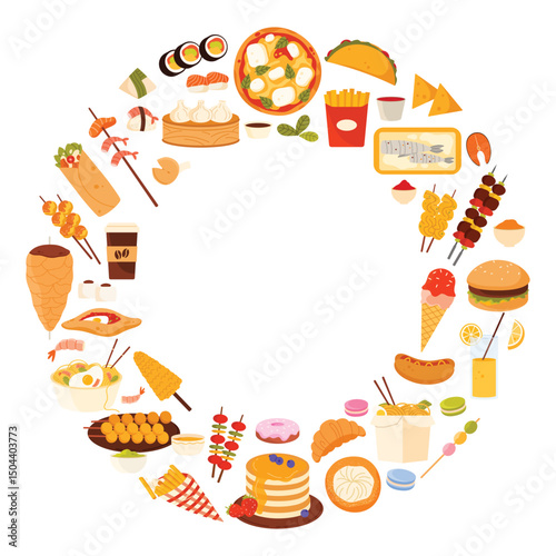 Diverse food in a circular arrangement. The arrangement includes items like sushi, tacos, pizza, french fries, dumplings, burritos, skewers, burgers, hot dogs, and pancakes vector illustration