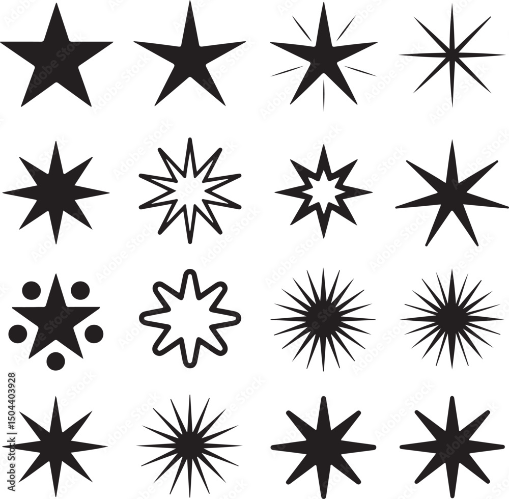 Obraz premium a variety of black-and-white star silhouettes representing different styles and complexities (6)_traced