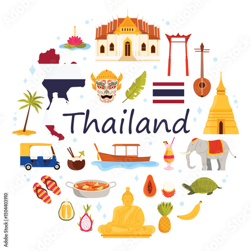 Travel to Thailand, culture elements and landmarks, tourism symbols and food in round infographic banner with title. ancient pagoda and temple, Tom Yam and beach palm tree cartoon vector illustration