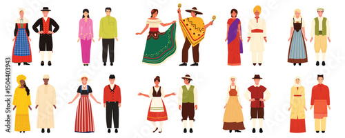 Diverse group of people in traditional cultural clothing, representing various countries and cultures. Festive garments and vibrant colors showcase the beauty of global heritage and traditions.