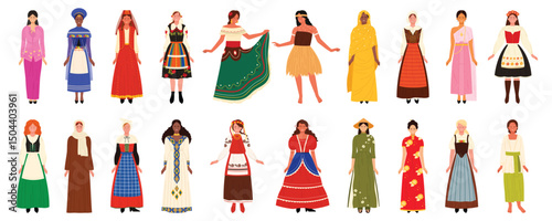 Folk woman in ethnic traditional different dress set. Girls wearing history clothes of Malaysia and South Africa, Thailand and Mexico, Vietnam and China, Netherlands cartoon vector illustration