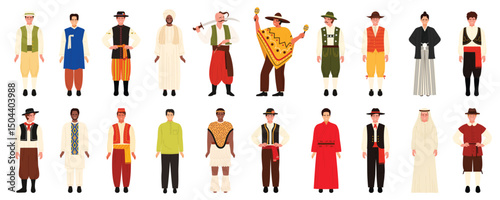 Folk man in ethnic traditional different dress set. Male characters wearing historical clothes of Mexico and Sweden, South Korea and France, South Africa and China, Turkey cartoon vector illustration