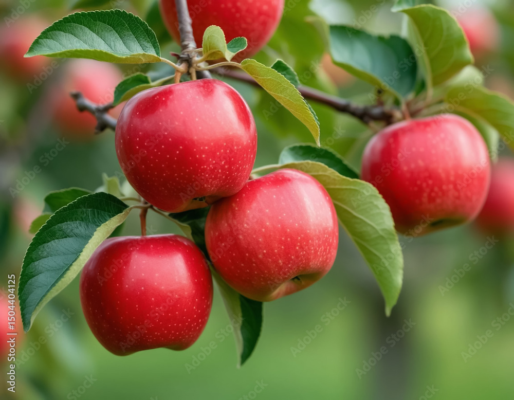Obraz premium Red apples on a branch in the garden. AI generated.