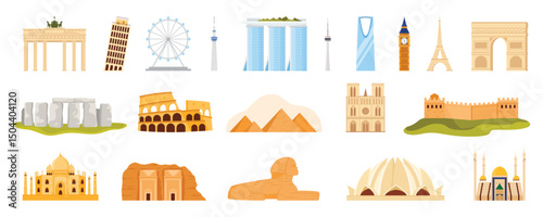 A global set of world-famous landmarks including historical monuments, religious sites, modern towers, and ancient wonders. Captures iconic architecture across continents, vector illustration.