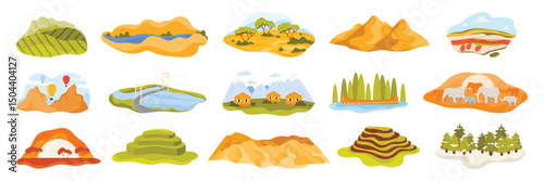 World nature landscape and landmarks set. Famous scenery collection with Sahara sand desert and Savanna in Africa, vineyard of Italy and Cappadocia mountains, Alps village cartoon vector illustration