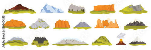 Mountain landscapes of different countries of world set. Nature landmarks collection with Grand Canyon and Mauna Loa, Arches National Park of USA, Mount Fuji in Japan cartoon vector illustration