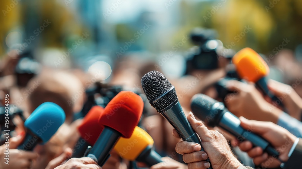 Fototapeta premium Colorful microphones held by journalists, press event scene, high-resolution photo