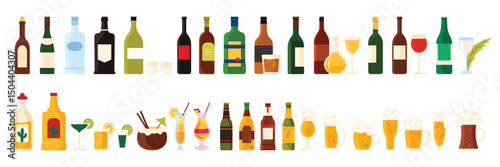 Alcohol drinks and cocktails menu set of bar and restaurant. Beverages of booze collection in glass bottles and wineglass, beer and vodka, white and red, sparkling wine cartoon vector illustration