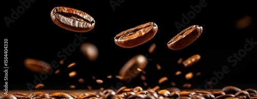Fresh Coffee Beans Floating Above a Dark Background With Scattered Grounds