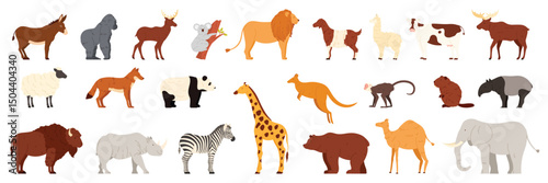 Wild and farm animals set. Different zoo and domestic animals in nature side view, wildlife mammals collection, fauna of Asia and Africa, America and Europe, Australia cartoon vector illustration