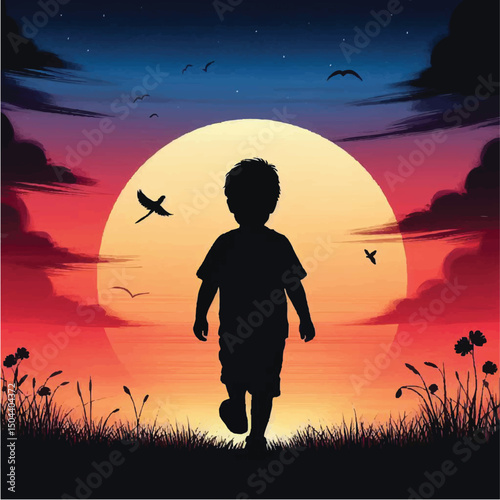 silhouette of children walking home in the afternoon
