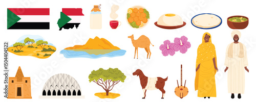 Travel to Sudan infographic set with culture and nature elements, food and people in ethnic tribal costumes. Nilian Mosque and Meroe Pyramids, mountain landscape, savannah cartoon vector illustration