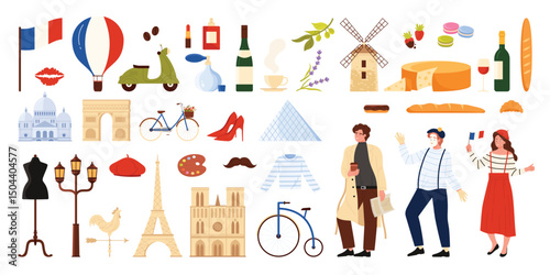 Travel to France, culture elements, food and French symbols set. Cute bicycle and balloon, Frenchman and mime, landmarks of Paris city for romantic tour and tourism cartoon vector illustration