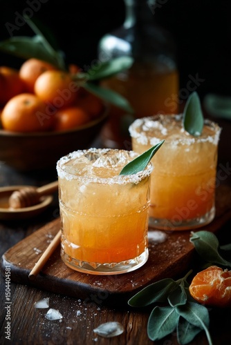 Refreshing Cocktails Served on a Wooden Platter With Citrus Fruits and Herbs ...