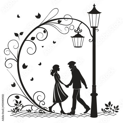 Romantic Couple Walking by Lamp Post – Black and White Silhouette with Fall Leaves and Nature Details