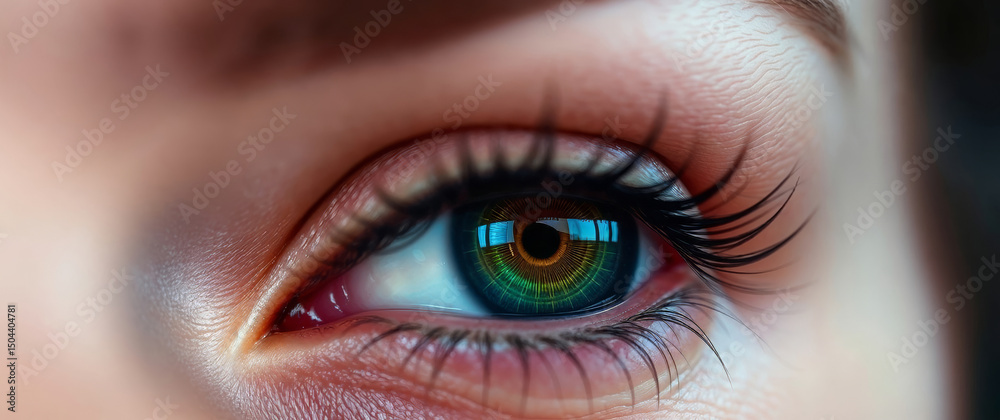Fototapeta premium Woman's eye showing futuristic digital display reflecting technology