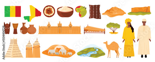 Travel to Mali set with culture elements and famous landmarks, food. Man and woman in tribe ethnic costumes, landscape of Sahara and Niger River, clay mosque in Djenne cartoon vector illustration