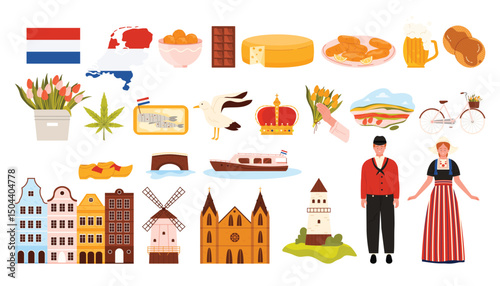 Travel to Netherlands set, famous architecture landmark and national culture symbols of Holland. Dutch man and girl, windmill and food, flag and map of country, bicycle cartoon vector illustration