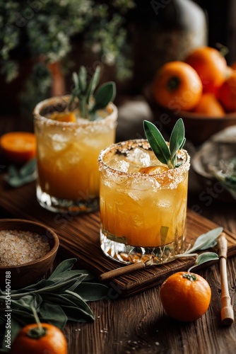 Refreshing Citrus Drinks Garnished With Sage and Spices on Wooden Table