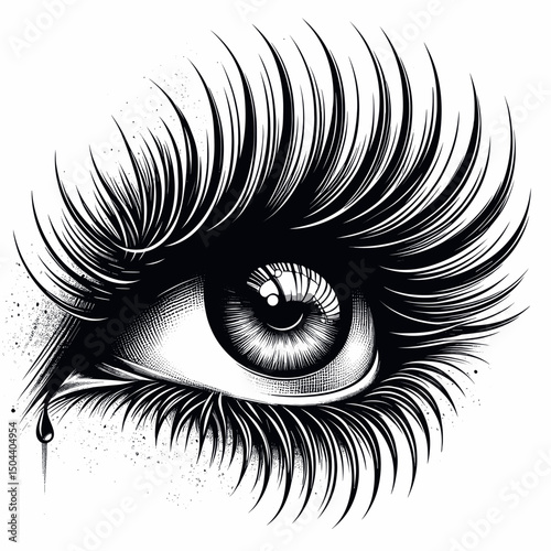 Intricate black and white illustration of an eye with long eyelashes and a tear drop