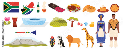 Travel to South Africa set with culture and nature elements, people in ethnic tribal costumes. Biltong cured meat and protea flower, mountains and animals of National parks cartoon vector illustration