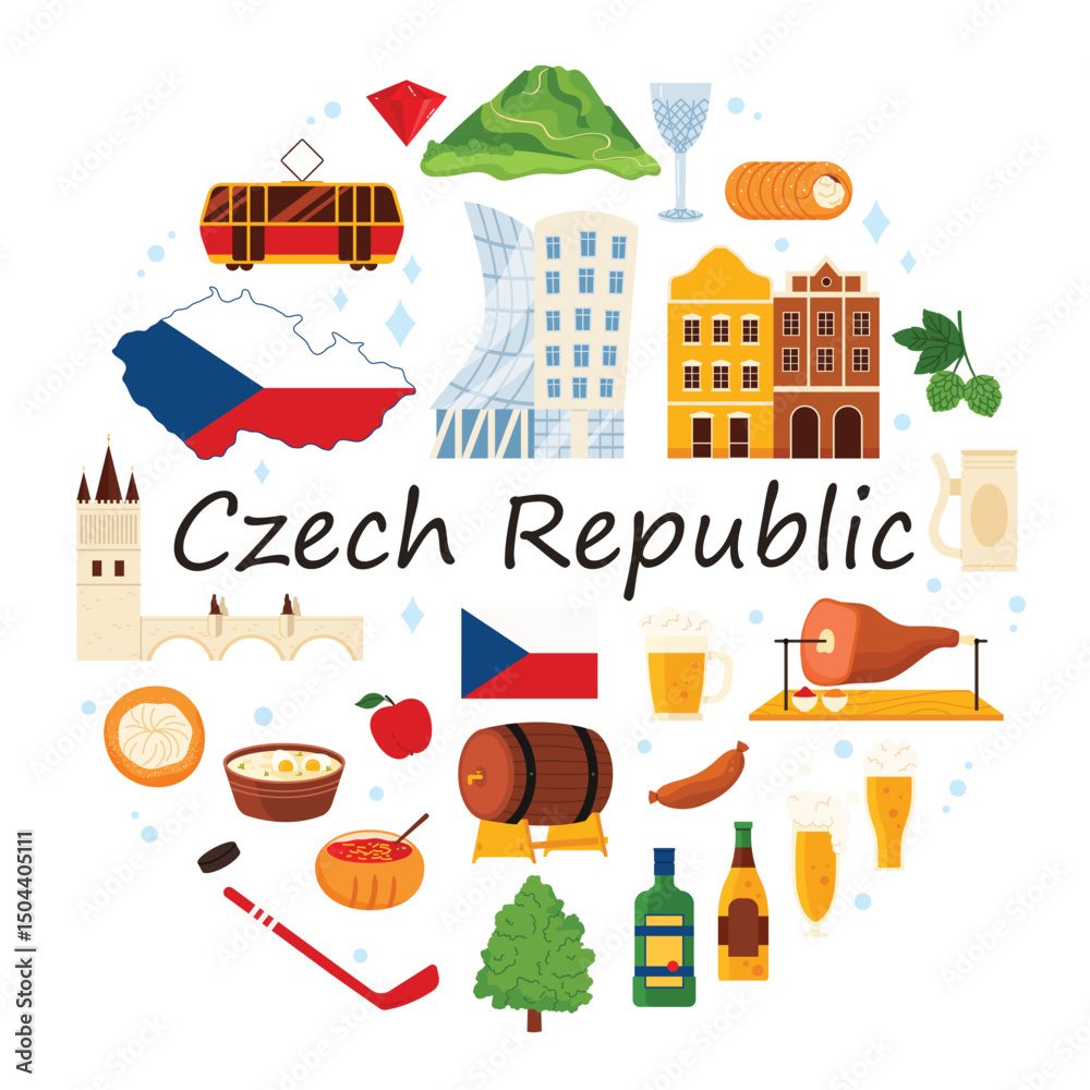 Naklejka premium Travel to Czech Republic, culture elements and landmarks in round infographic banner with title. Famous food and beer, Charles Bridge and Cathedral in historic Prague cartoon vector illustration