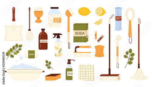 Eco friendly detergent, hygiene and cleaning product, household supplies set. Natural vinegar and soda, biodegradable spray liquid to clean kitchen and toilet, sponge, mop cartoon vector illustration