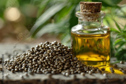 Glass bottle of hemp seed oil and a scattered pile of hemp seeds on a rustic wooden table. The natural setup highlights organic wellness, plant-based nutrition, and earthy simplicity.