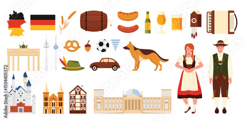 Travel to Germany, national culture symbols and characters set. German man and woman, food of Oktoberfest festival and Bavarian beer, building landmarks and flag on map cartoon vector illustration