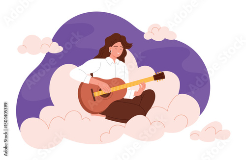 Happy woman playing guitar, sitting on clouds with good vibe of music. Cute female guitarist holding acoustic guitar to play romantic melody, smiling in positive mood cartoon vector illustration
