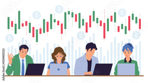Happy and sad bitcoin investor, lose or win in cryptocurrency market. Characters sitting at laptop with candle bar chart down and up, bad or good graph news for traders cartoon vector illustration