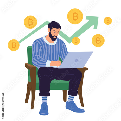 Vector illustration of a man analyzing Bitcoin price increase, symbolizing cryptocurrency market growth, crypto pump, potential financial gains in digital assets.