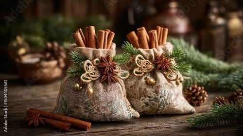 Decorative Spice Bags With Cinnamon Sticks and Star Anise on a Wooden Table D...
