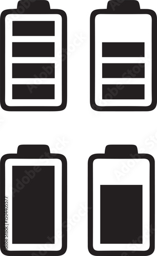 Power Indicator Icons: A collection of black and white power indicator icons representing varying battery charge levels, ideal for design and illustrating energy status.