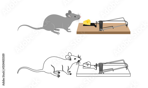 a mouse approaches a mousetrap with cheese bait. vector illustration isolated on white background.